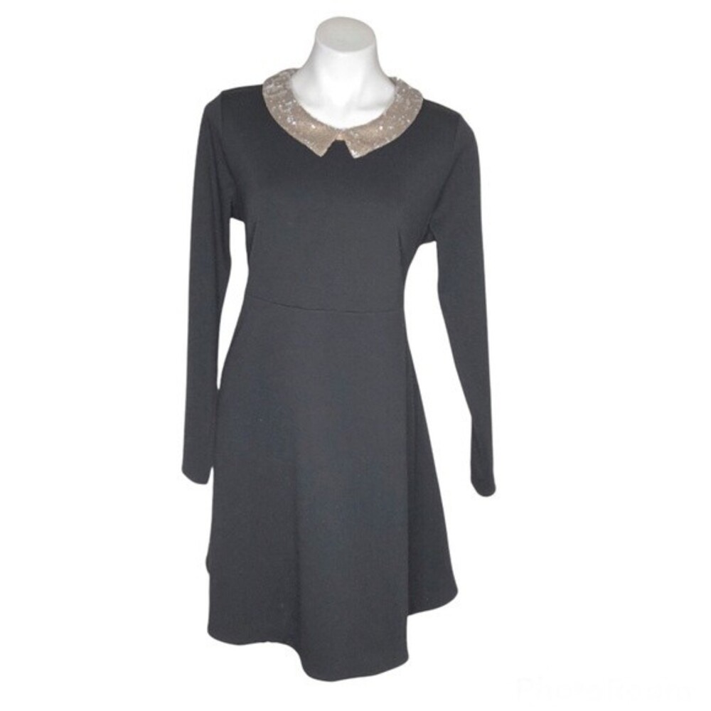 RACHEL ZOE Dress Black Beige Sequin Collar Hidden Back Zipper Size Large LBD